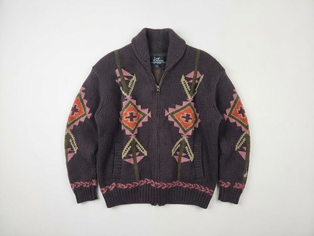 Lost Horizons XXL Brown Wool Zip Sweater Western Thunderbird Heritage Cardigan